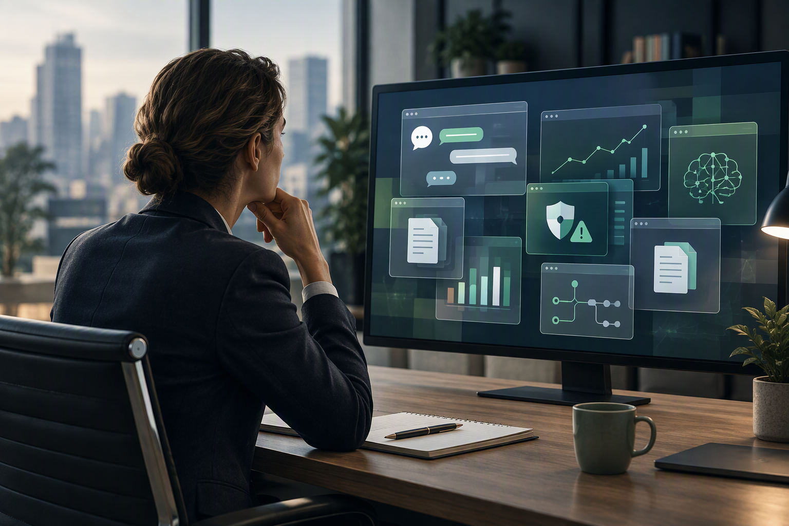 Leader looking at a screen with multiple AI tools, assessing risk and governance