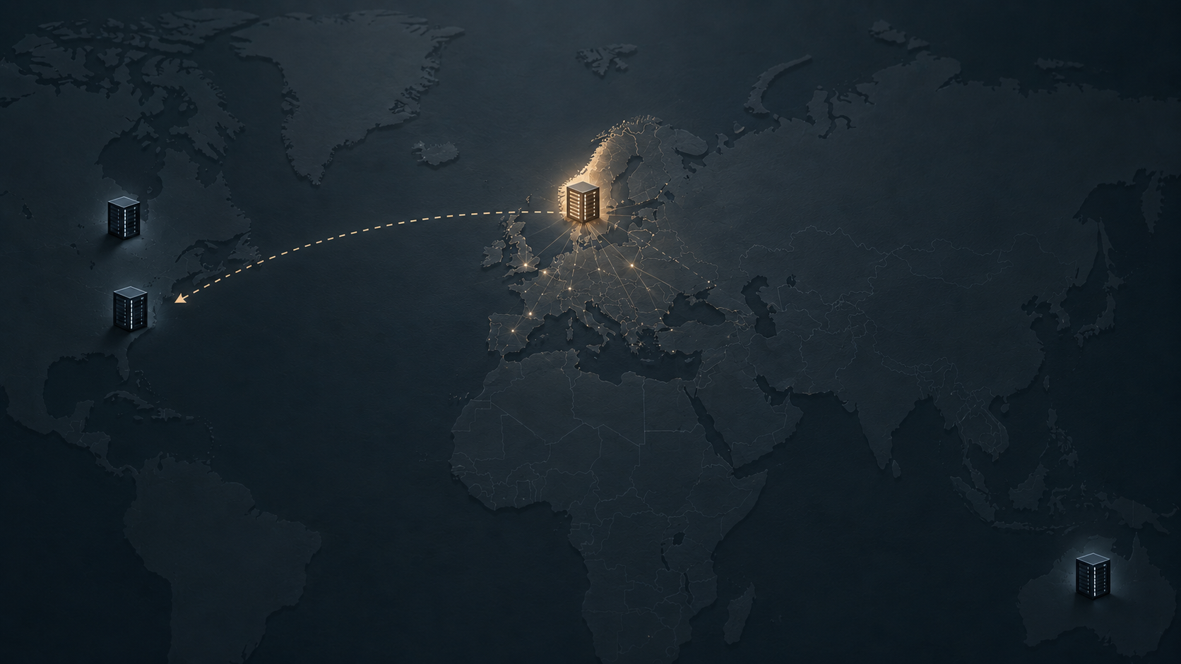 Stilisert kart over Europa med éin opplyst datasenter-node i EU og nedtona nodar utanfor kontinentet (USA, Canada, Australia), som illustrerer at Copilot-inferens kan skje utanfor EU Data Boundary