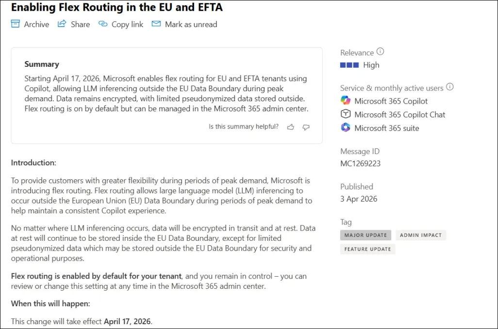 Melding MC1269223 i Message Center: Enabling Flex Routing in the EU and EFTA, publisert 3. april 2026, i kraft 17. april 2026