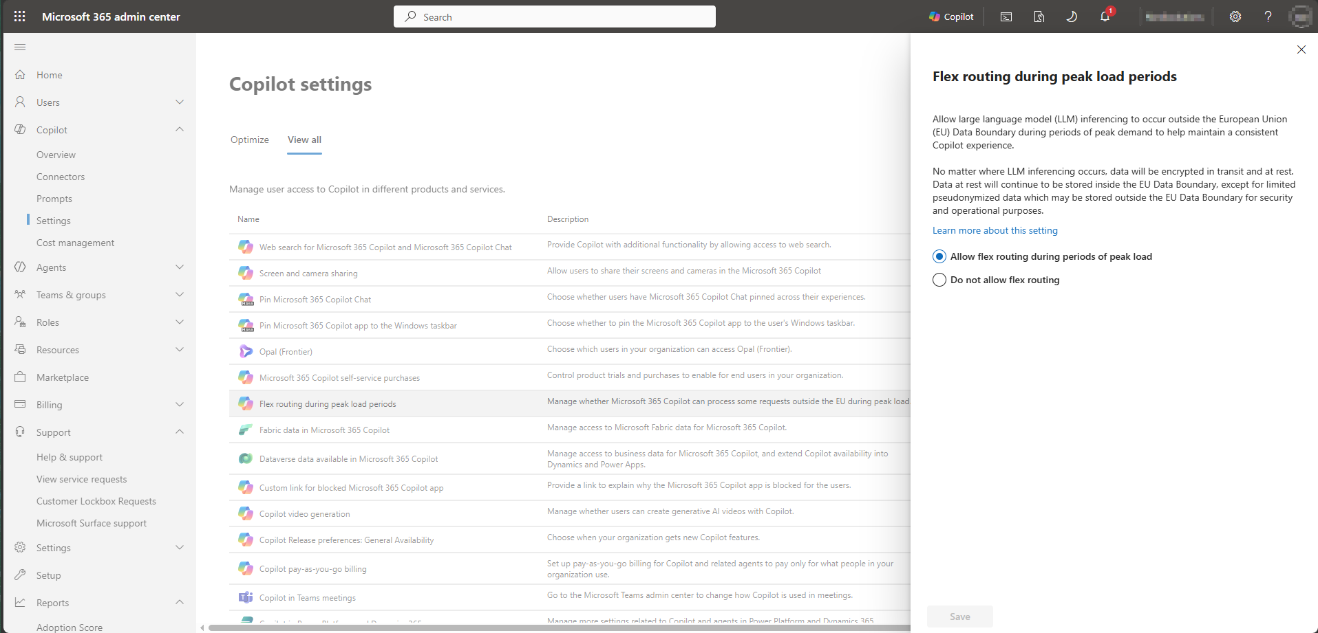 Innstillinga «Flex routing during peak load periods» i Microsoft 365 admin center, med begge vala synlege