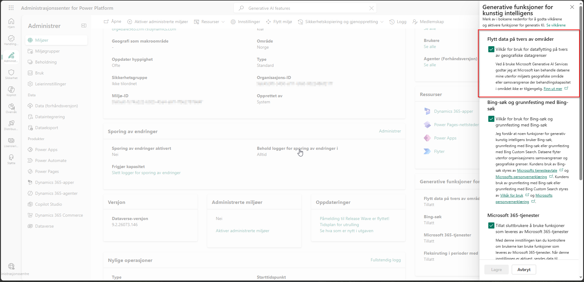 Generative AI features i Power Platform admin center, med avkryssingsboksen for flex routing