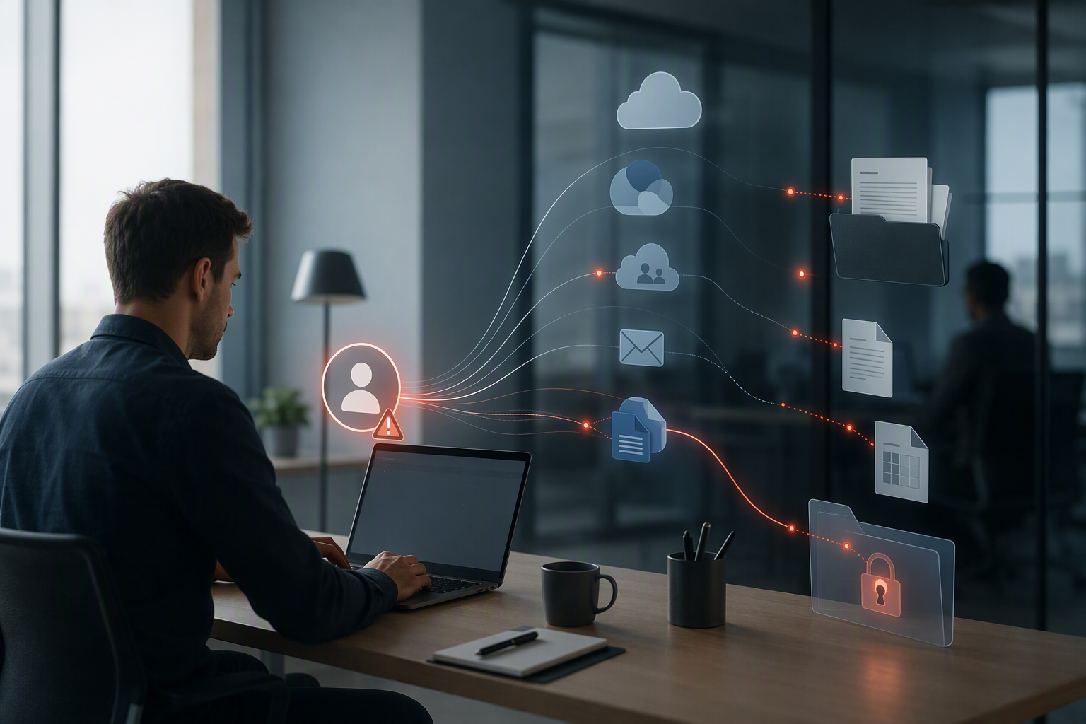 Illustrasjon av ein brukar som loggar inn medan sensitive data flyt mellom Microsoft 365-tenester