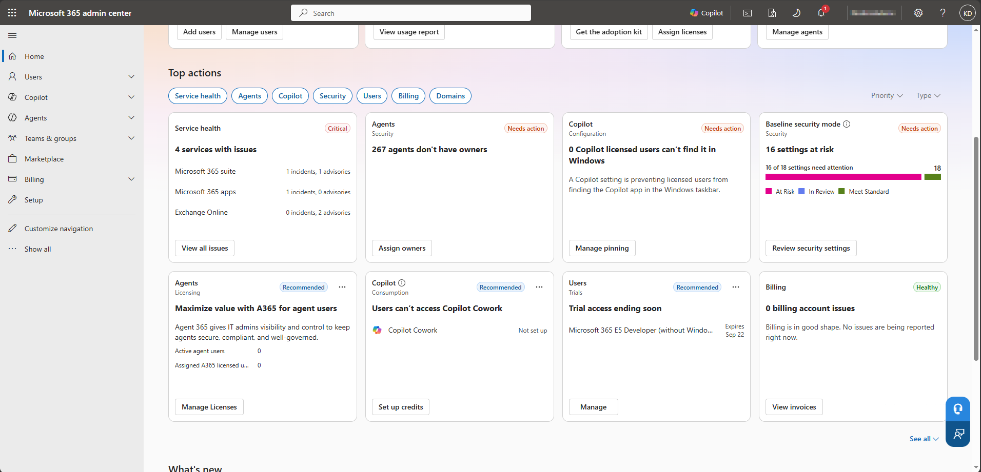 TYPE=screenshot | human_required=true | Ekte skjermbilete frå Microsoft 365 admin center som viser agentoversikta, varsel om agentar utan eigar og inngangen til eigarhandtering.