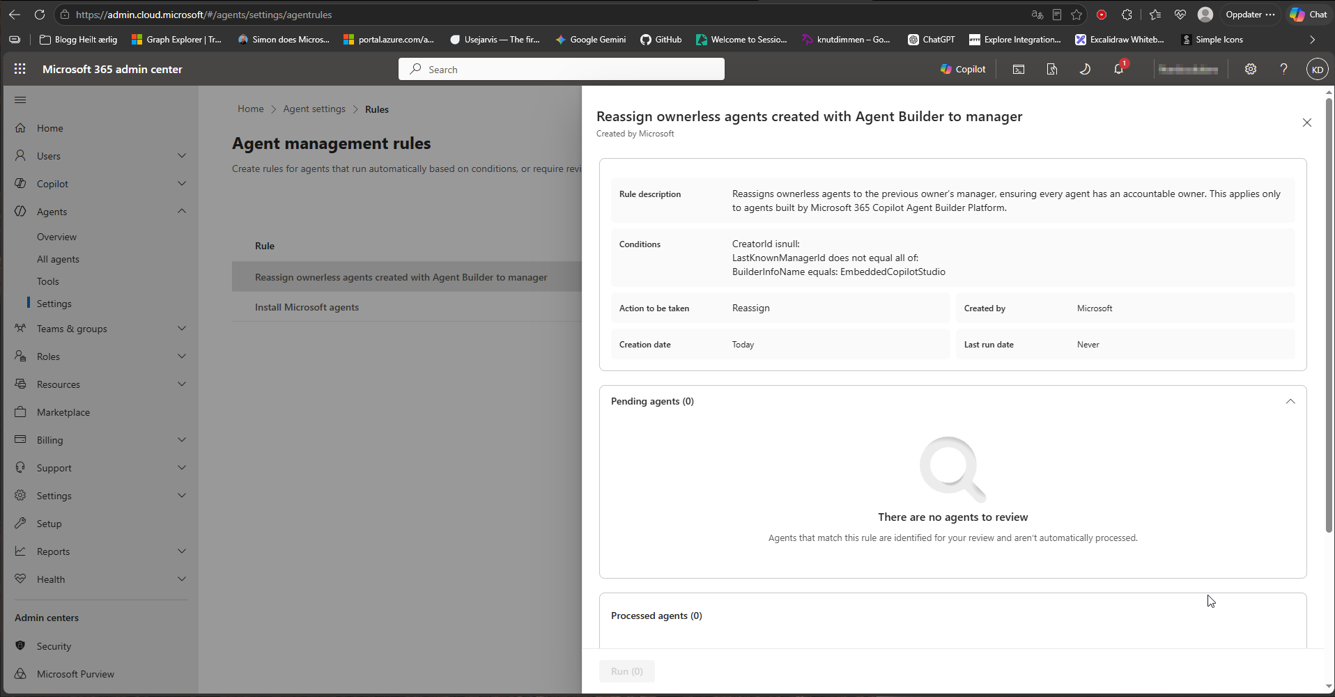 TYPE=screenshot | human_required=true | Ekte skjermbilete av Reassign Ownerless Agents-regelen med vilkår og handling synleg.